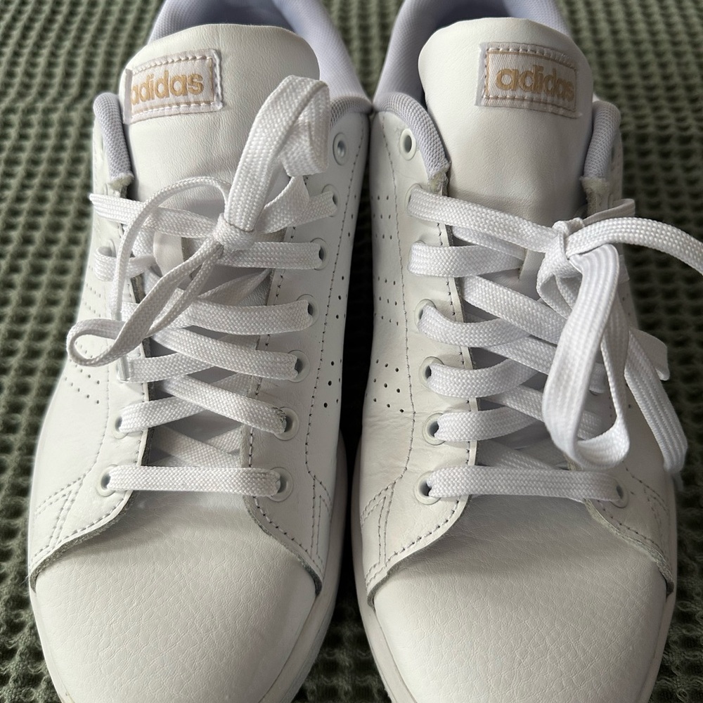 adidas White Leather Sneakers with Gold Logo Accent